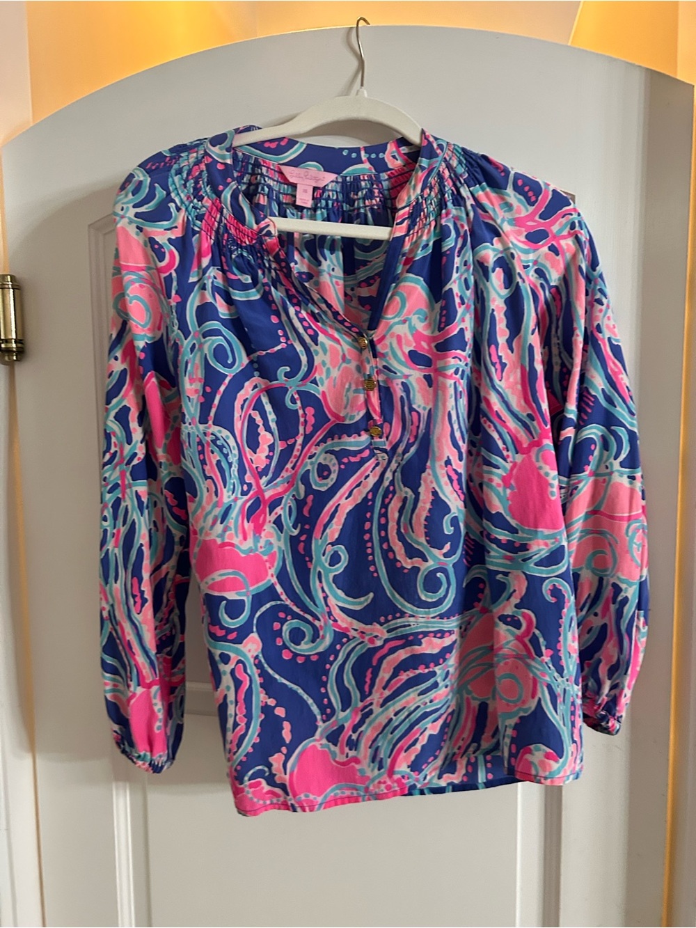 Lilly Pulitzer Navy, Pink & Seafoam Swirl Peasant Top